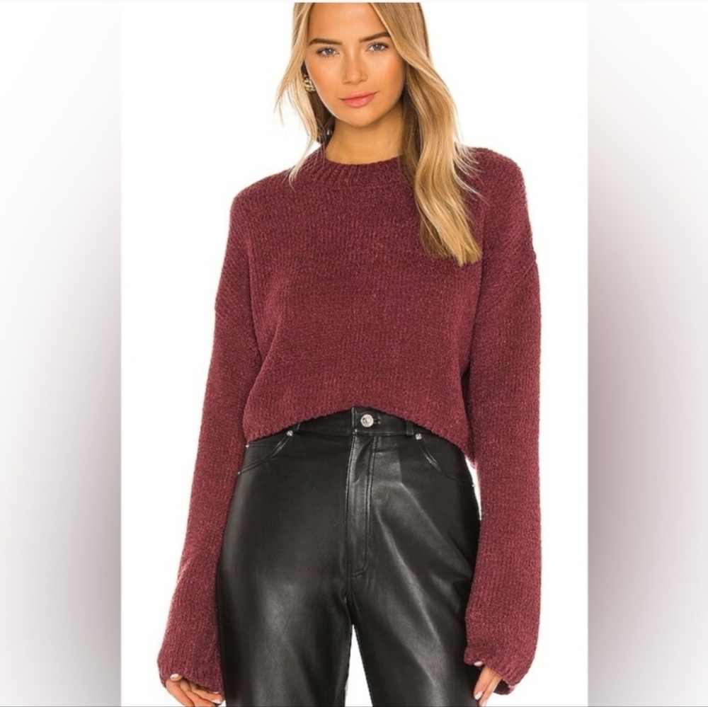 Revolve One Grey Day Wesley Cropped Pullover Maroon Wine Softest Sweater Sz L